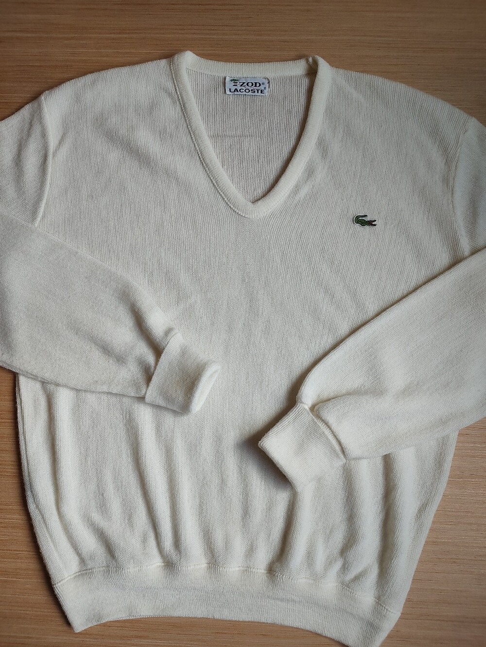 Izod Lacoste Vintage Knit Pullover V Neck Sweater Off White Long Sleeve Golf L
